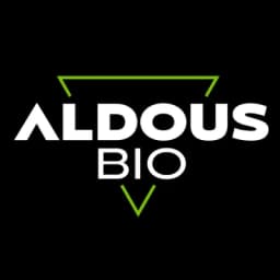 A minimalist brand icon for Aldous Bio featuring the company name in bold white sans-serif typography against a solid black background, with the word 'ALDOUS' stacked above 'BIO' and framed by two bright lime-green angular lines forming an inverted triangle outline above and below the text, creating a modern, clean, and science-inspired visual identity.