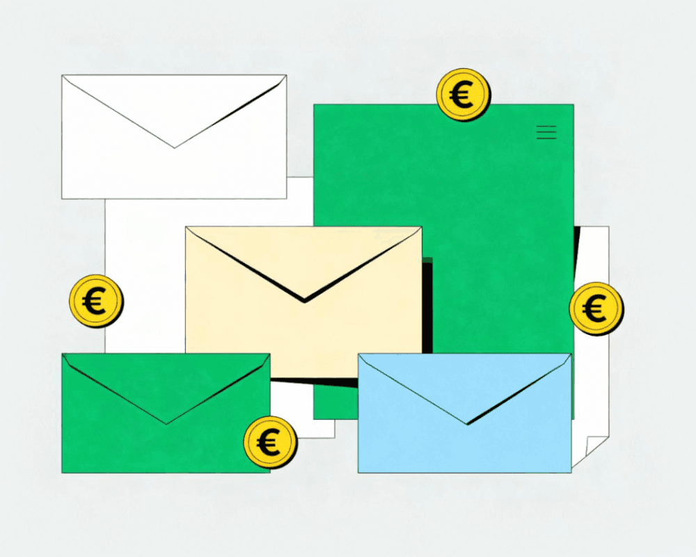 A stylized illustration featuring a collection of overlapping envelopes in white, cream, green, and light blue, each outlined in black, arranged in a dynamic composition against a plain white background, with four golden euro coins bearing the € symbol strategically placed around the envelopes, suggesting themes of finance, communication, or international transactions.