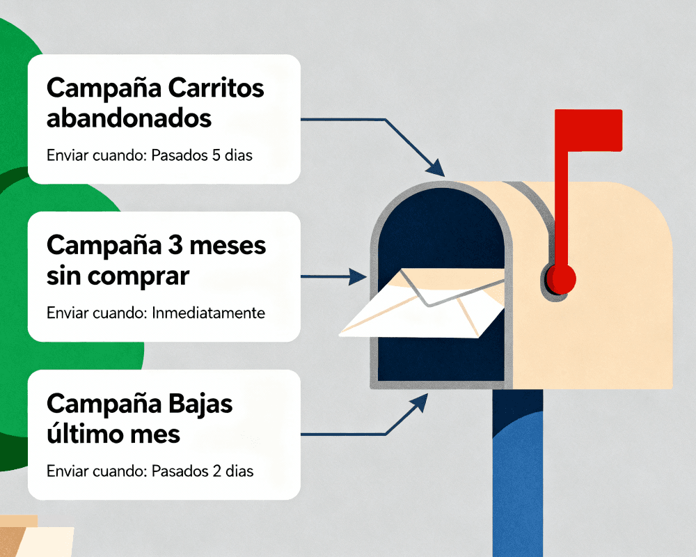 A flat vector illustration showing a beige mailbox with a red flag raised, positioned on the right side, with three white rectangular text boxes on the left labeled in Spanish: 'Campaña Carritos abandonados' with trigger 'Enviar cuando: Pasados 5 días', 'Campaña 3 meses sin comprar' with trigger 'Enviar cuando: Inmediatamente', and 'Campaña Bajas último mes' with trigger 'Enviar cuando: Pasados 2 días'. Blue arrows connect each text box to the mailbox, which contains a partially visible white envelope. The background is light gray with abstract green and blue shapes in the corners, suggesting a digital marketing or email automation workflow concept.