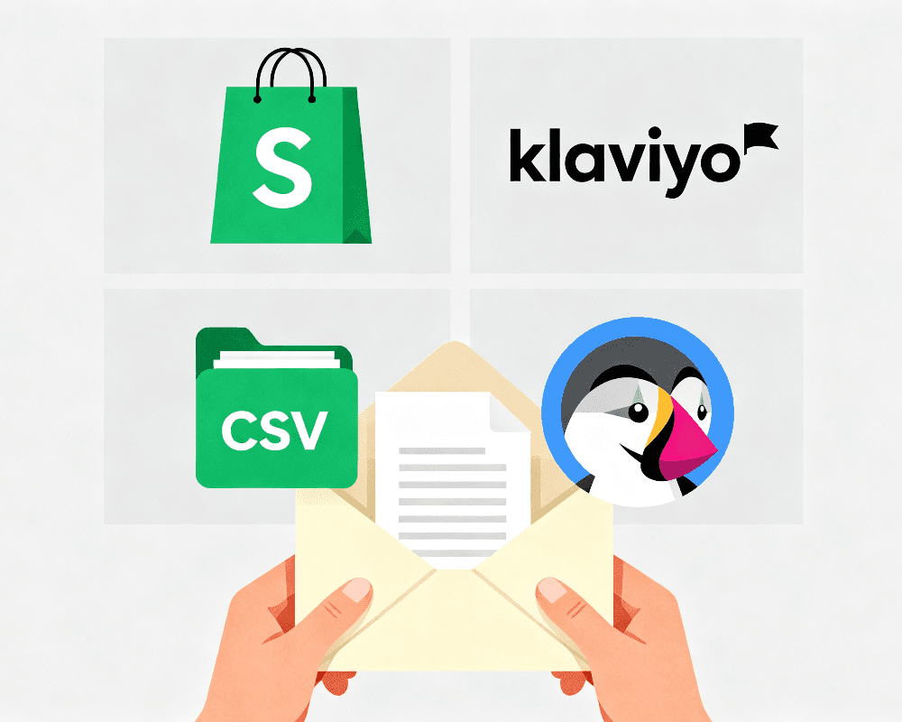 A stylized illustration featuring four distinct icons arranged in a 2x2 grid over a light gray background: a green shopping bag with a white 'S' representing Shopify, the black 'klaviyo' logo with a small flag accent, a green folder labeled 'CSV' indicating data file format, and a blue circular icon with a cartoon penguin face. Below the grid, a pair of hands holds open a beige envelope containing a white document with gray placeholder lines, symbolizing email or message delivery. The overall design suggests e-commerce, email marketing, and data integration workflows.